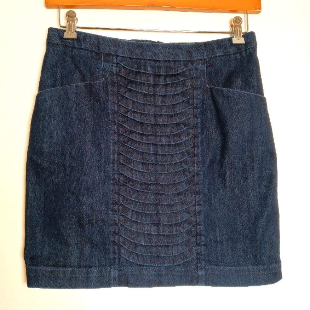 Leifsdottir Anthropologie Dark Denim Straight Skirt Blue Pleat Detail